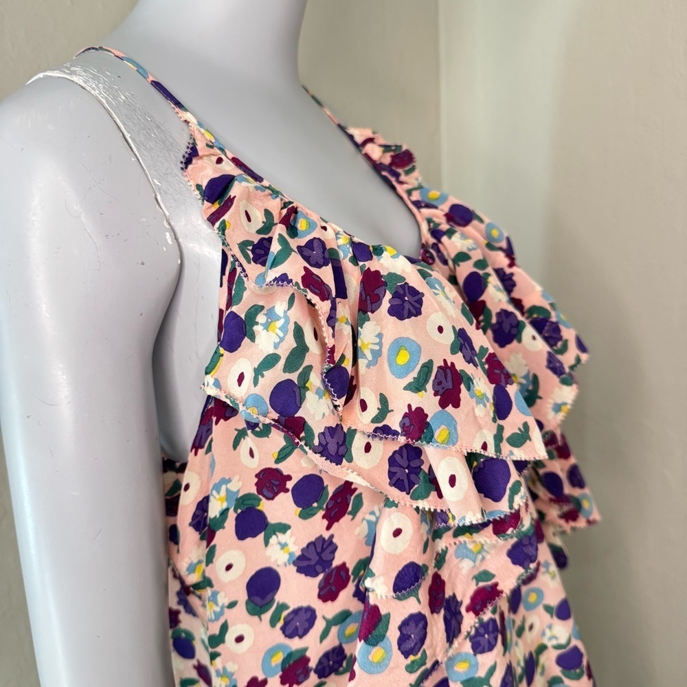 REBECCA TAYLOR 100% Silk Floral Tank Top Ruffle Pink Multicolor Size 8 - Picture 8 of 13